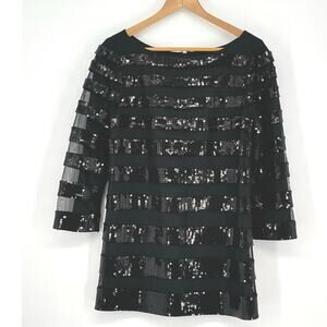 Tadashi Shoji‎ Black Stripe Sequin Sheer Long Sleeve Top Formal Party Chic